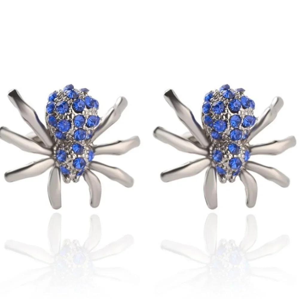 Cool Bright blue rhinestone encrusted little silver spider cuff links